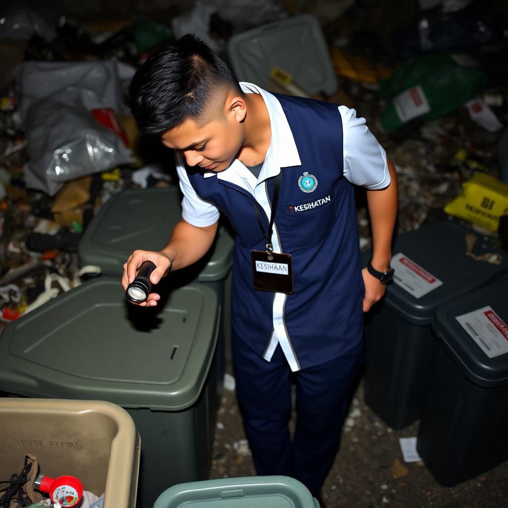 A handsome Malay man with a crop fade hairstyle, dressed in a white short-sleeved uniform without a tie, layered with a dark blue zipped collar vest featuring the Ministry of Health Malaysia's logo on the left pocket