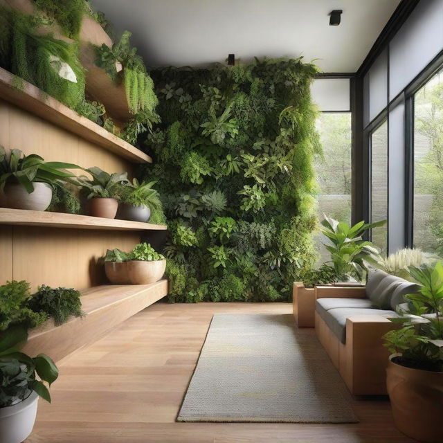 Create a biophilic home with sustainable elements, incorporating abundant indoor greenery and natural, renewable materials with cutting-edge design strategies.