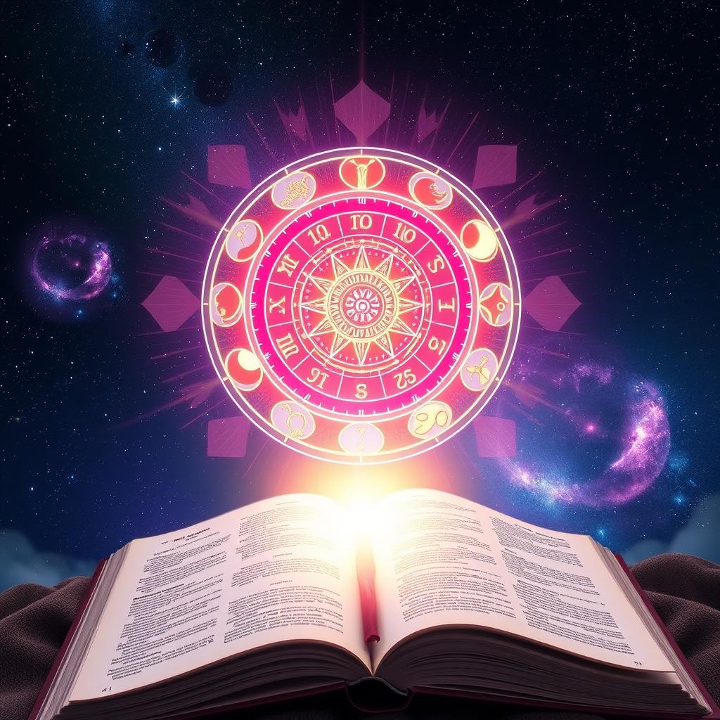 A celestial, mystical scene featuring a beautifully illuminated zodiac wheel floating in the cosmos