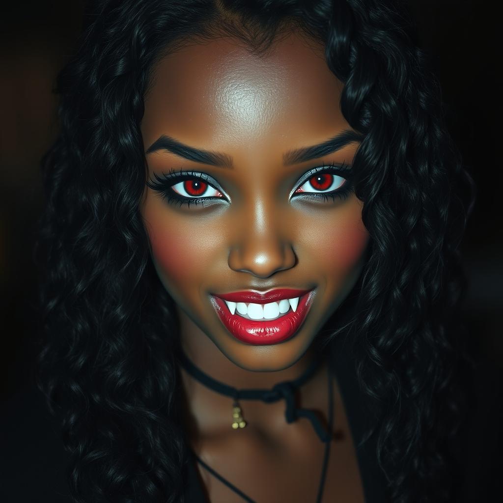 A stunning black girl with long, curly black hair, featuring prominent fangs and striking red eyes