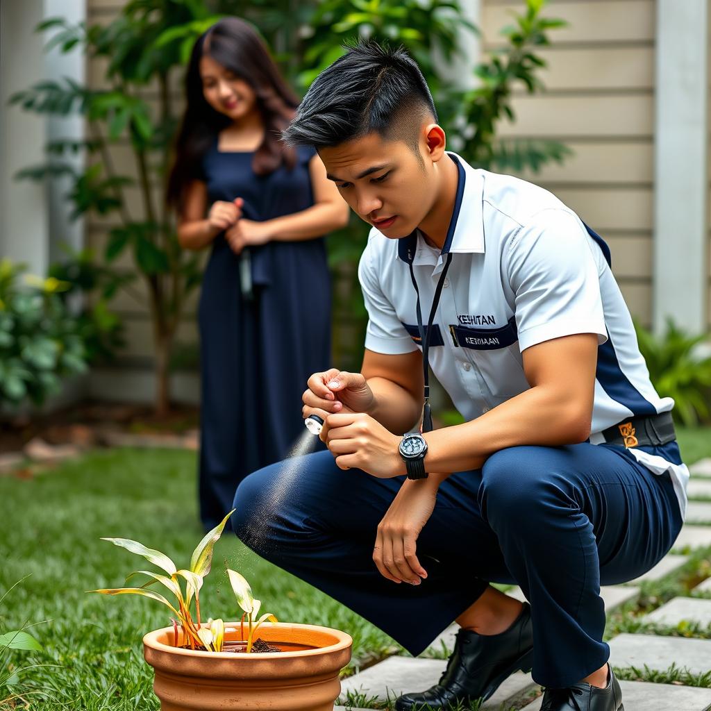 A handsome young Malaysian man with a low fade hairstyle, wearing a crisp white short-sleeved uniform without a tie, covered by a dark blue zipped collar vest featuring the Ministry of Health Malaysia’s logo on the left pocket