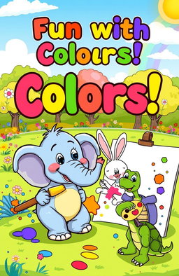 A playful cartoon coloring book cover featuring a vibrant, whimsical scene with cartoon animals