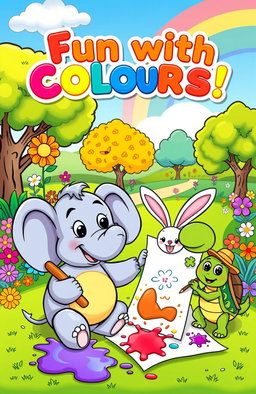 A playful cartoon coloring book cover featuring a vibrant, whimsical scene with cartoon animals