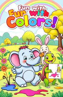 A playful cartoon coloring book cover featuring a vibrant, whimsical scene with cartoon animals