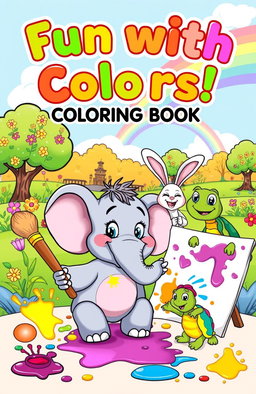A playful cartoon coloring book cover featuring a vibrant, whimsical scene with cartoon animals