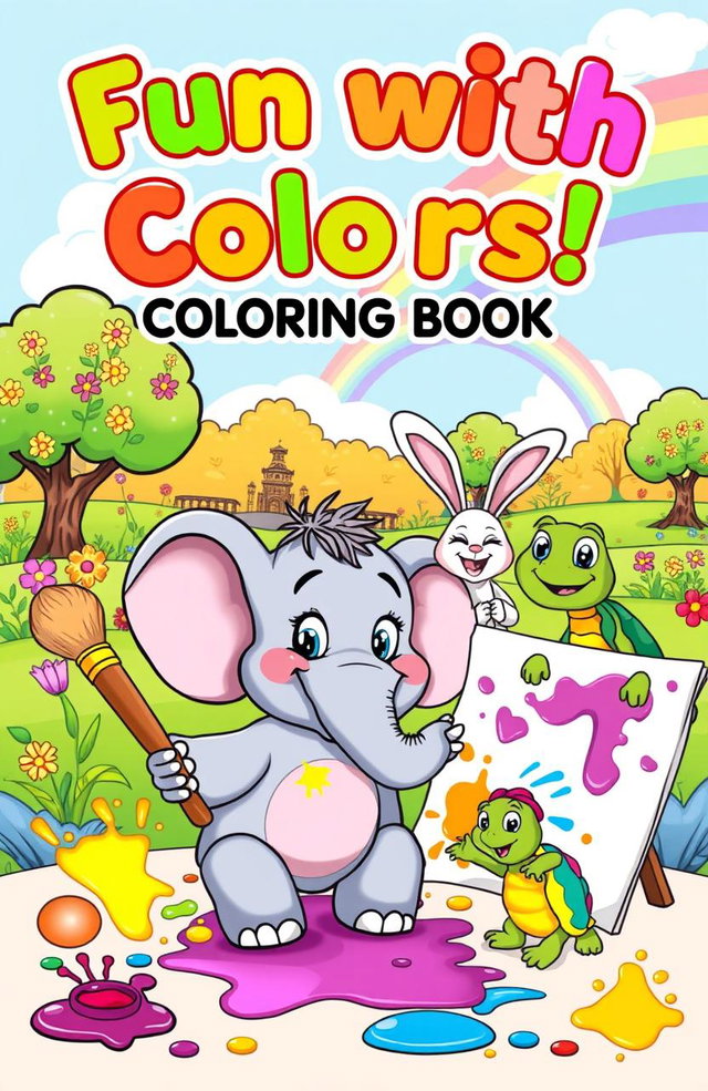 A playful cartoon coloring book cover featuring a vibrant, whimsical scene with cartoon animals