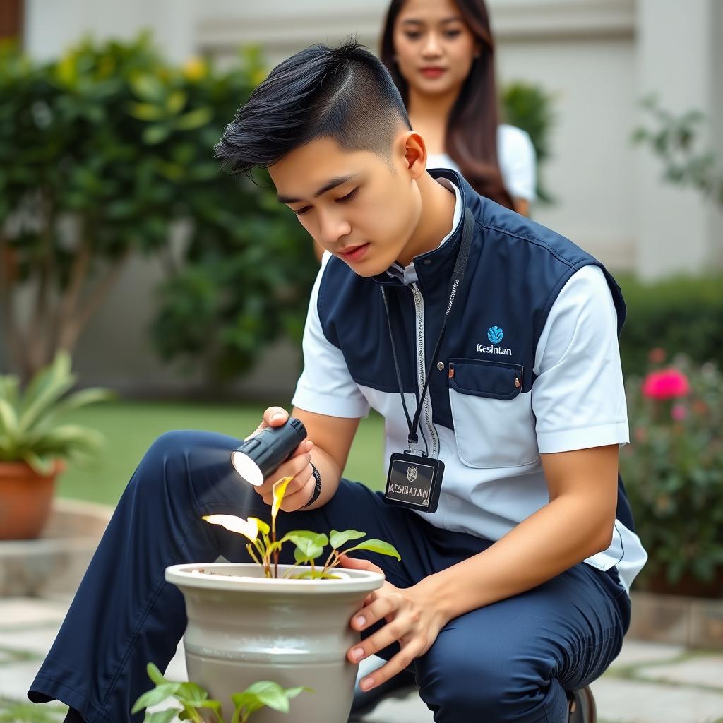 A handsome young Malaysian man with a low fade hairstyle, wearing a crisp white short-sleeved uniform with no tie