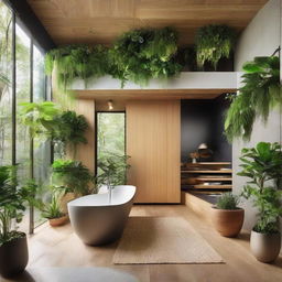 Create a biophilic home with sustainable elements, incorporating abundant indoor greenery and natural, renewable materials with cutting-edge design strategies.