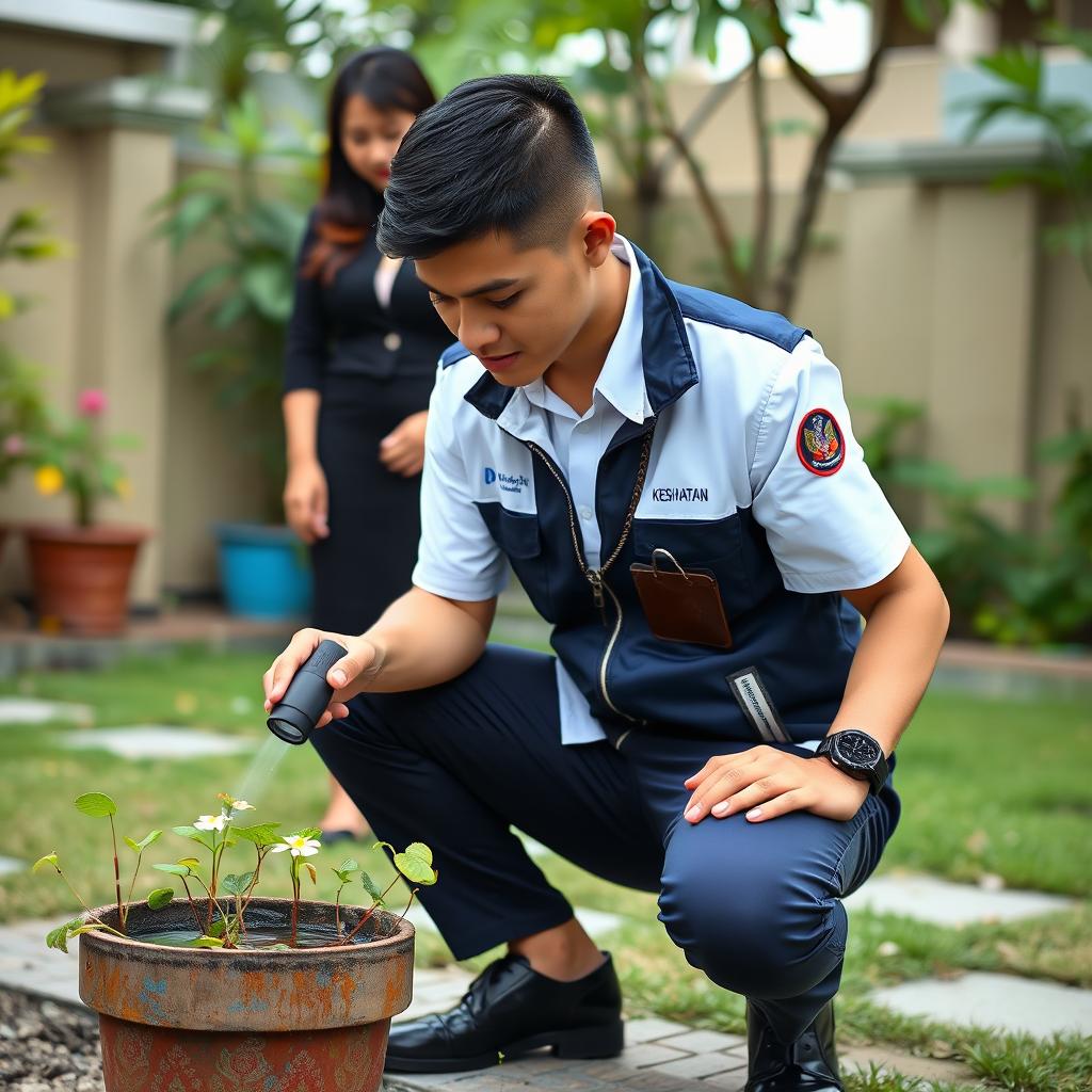 A handsome young Malaysian man with a low fade hairstyle is depicted in a yard, squatting on one leg while examining a flower pot filled with standing water using a flashlight