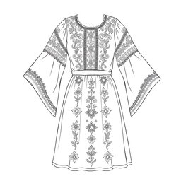 A detailed outline drawing of a traditional Palestinian dress (thob), emphasizing its intricate patterns and designs, suitable for coloring
