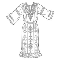 A detailed outline drawing of a traditional Palestinian dress (thob), emphasizing its intricate patterns and designs, suitable for coloring