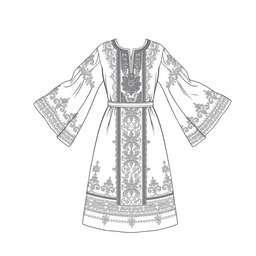 A detailed outline drawing of a traditional Palestinian dress (thob), emphasizing its intricate patterns and designs, suitable for coloring