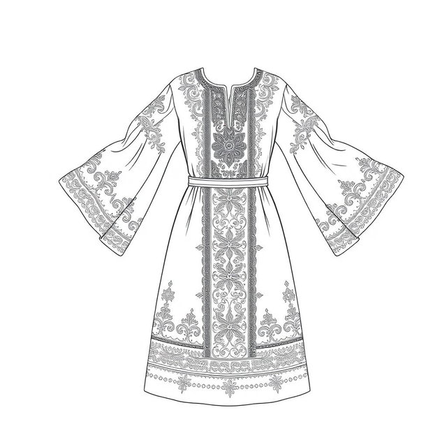A detailed outline drawing of a traditional Palestinian dress (thob), emphasizing its intricate patterns and designs, suitable for coloring