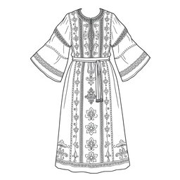 A detailed outline drawing of a traditional Palestinian dress (thob), emphasizing its intricate patterns and designs, suitable for coloring