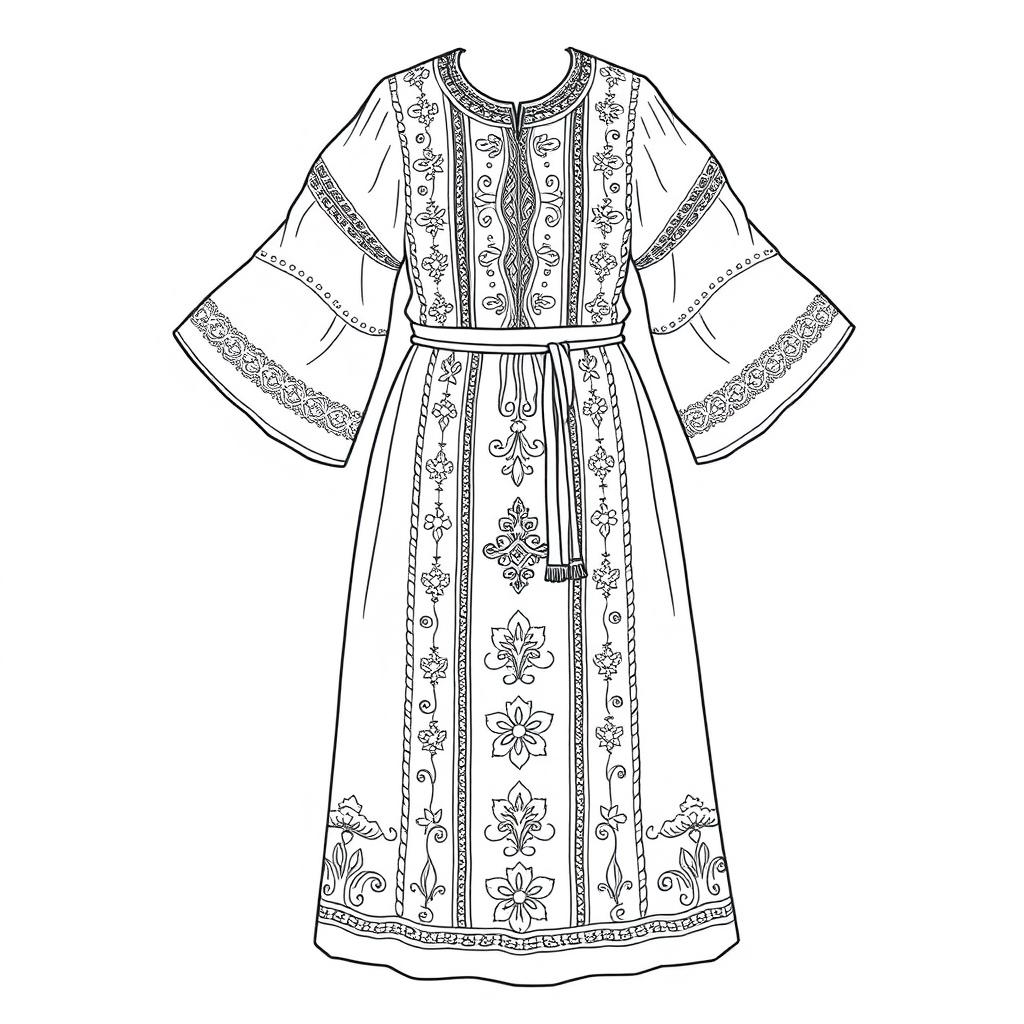 A detailed outline drawing of a traditional Palestinian dress (thob), emphasizing its intricate patterns and designs, suitable for coloring