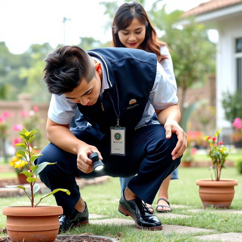 A handsome Malaysian young man with a low fade hairstyle is in a squatting position, examining a flower pot with standing water using a flashlight in a picturesque yard