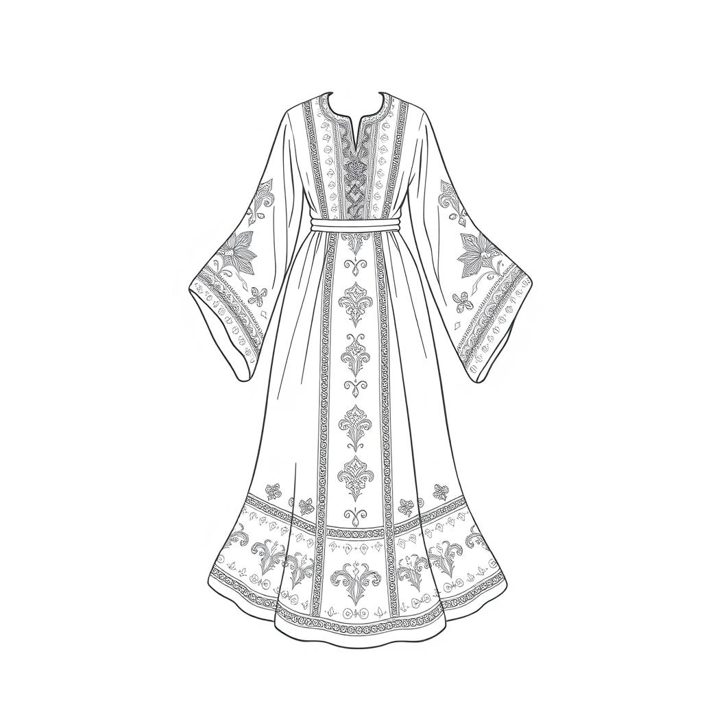 A beautiful design of a traditional Palestinian dress (Thobe), suitable for coloring, featuring intricate patterns and embroidery
