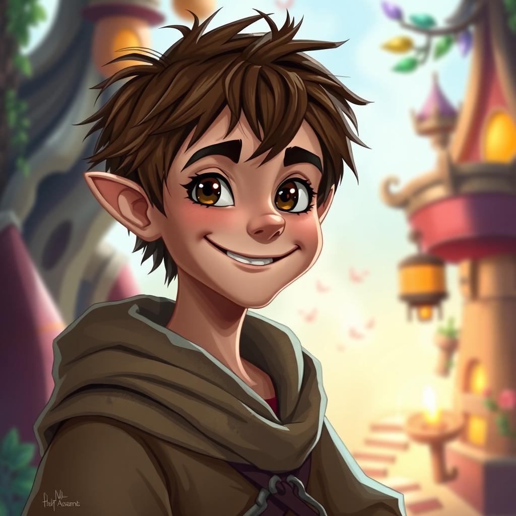 A cheerful half-elf rogue with short, scruffy brown hair and dark brown eyes