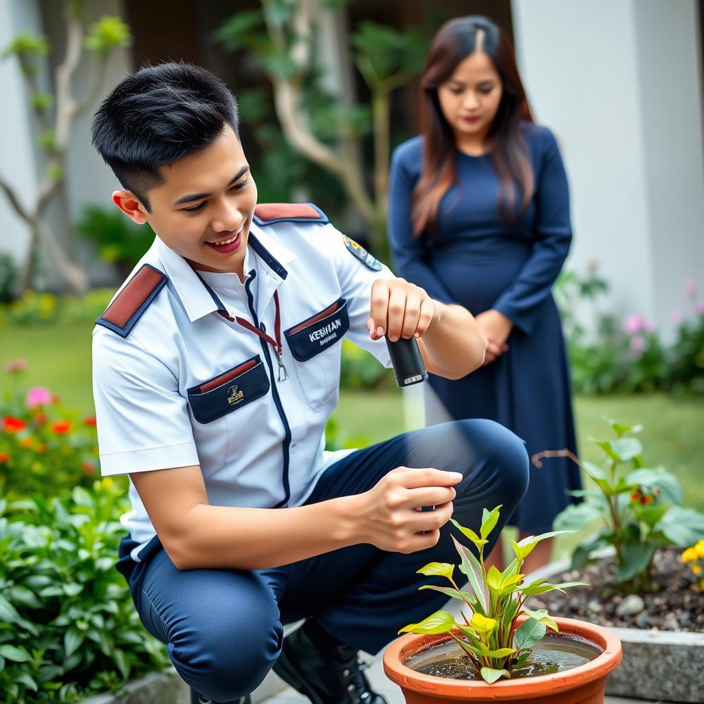 A handsome young Malaysian man with a low fade hairstyle, wearing a white short-sleeved uniform without a tie, covered by a dark blue zipped collar vest featuring the Malaysia ministry's logo on the left pocket