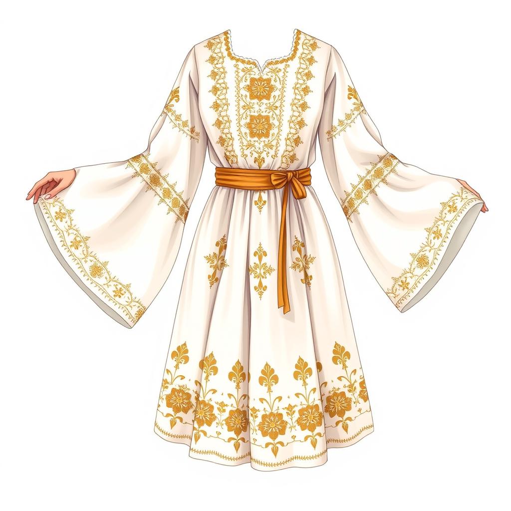 A detailed illustration of a traditional Palestinian dress (Thobe) with elegant design elements, emphasizing the rich cultural heritage