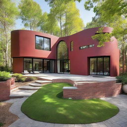 A large four-bedroom, three-bathroom modern home, designed in a curved shape with red interlocking bricks. It features an open floor plan with tall ceilings and an upscale loft area.