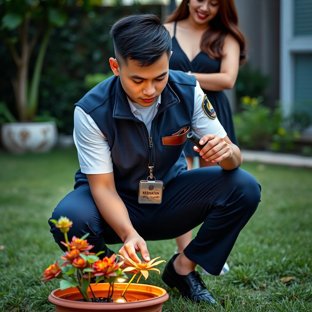 A handsome Malaysian young man with a low fade hairstyle, wearing a white short-sleeved uniform without a tie, covered by a dark blue zipped collar vest featuring the Malaysia ministry's logo on the left pocket