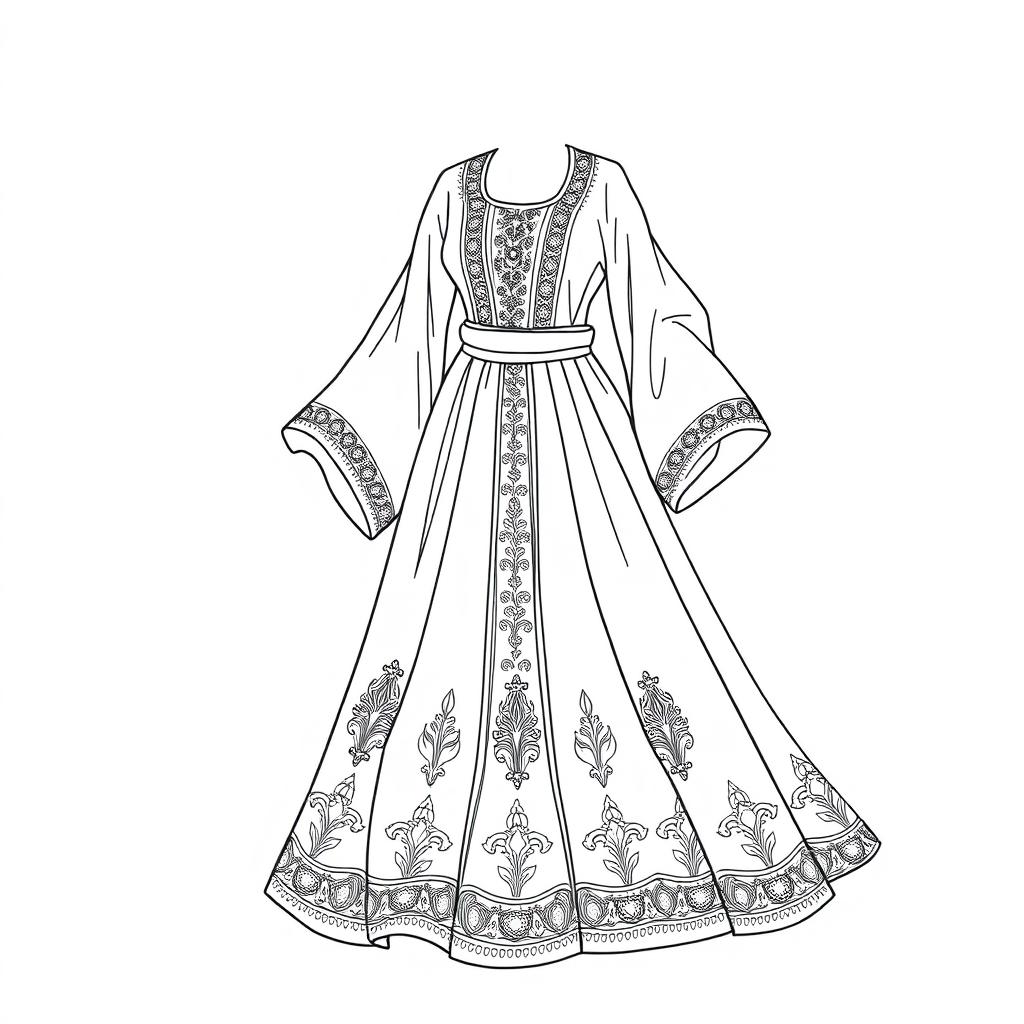 A detailed outline drawing of a traditional Palestinian dress (Thobe), designed specifically for coloring