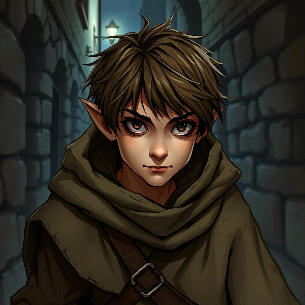 A half-elf rogue character, featuring short scruffy brown hair and dark brown eyes, wearing a dusty cloak that suggests a life of adventure and stealth