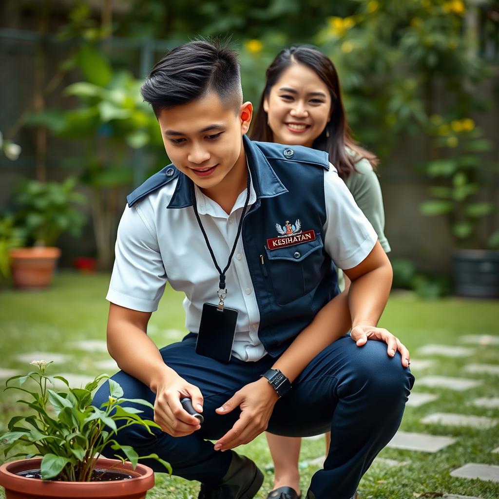 A handsome young Malaysian man with a low fade hairstyle, wearing a white short-sleeved uniform without a tie, covered with a dark blue zipped collar vest featuring the Malaysia ministry’s logo on the left pocket