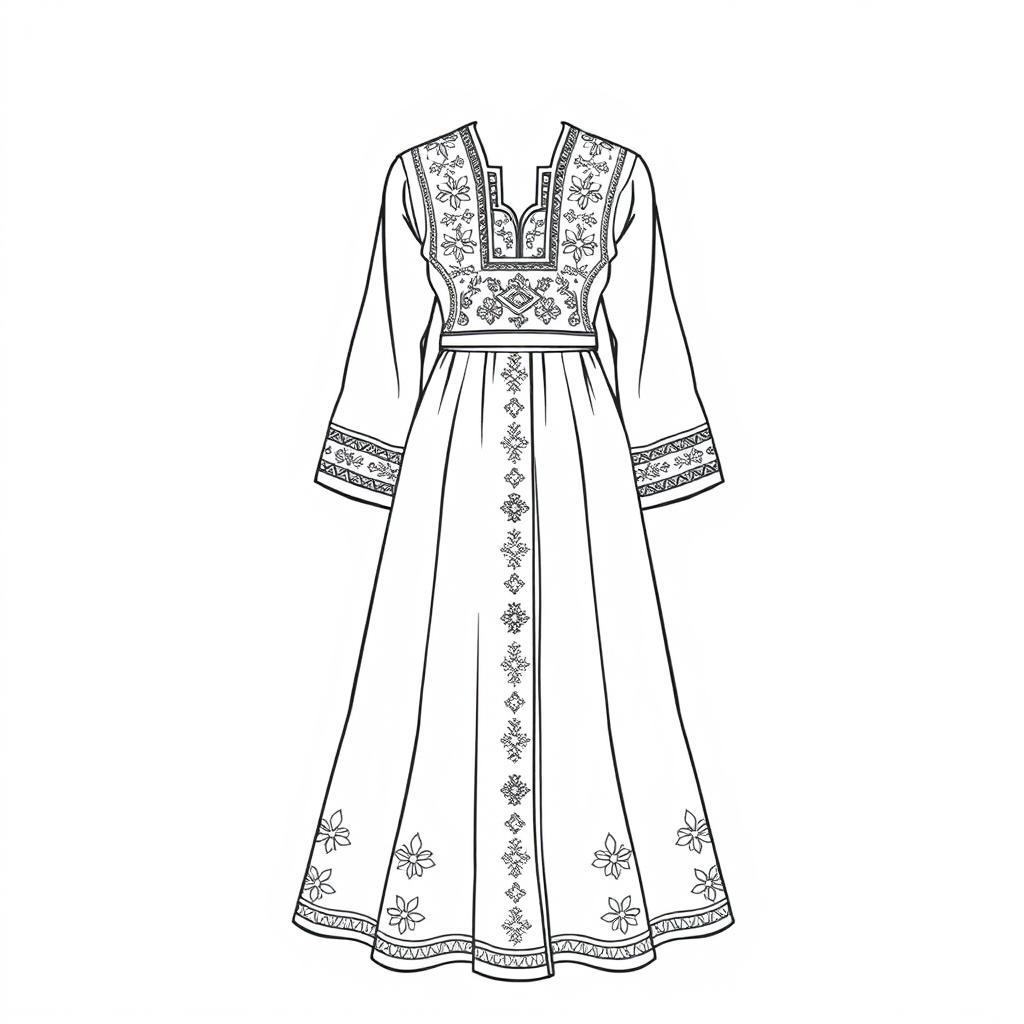 A traditional Palestinian dress (thobe) design, featuring intricate embroidery patterns and traditional styles, depicted in a line art format for coloring