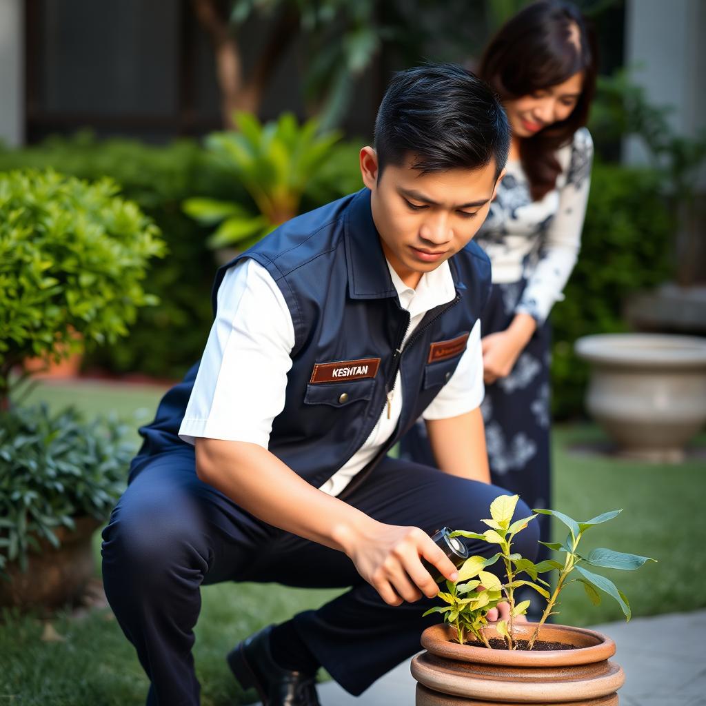 A handsome young Malaysian man with a low fade hairstyle, wearing a white short-sleeved uniform without a tie, covered by a dark blue zipped collar vest featuring the Malaysia ministry's logo on the left pocket
