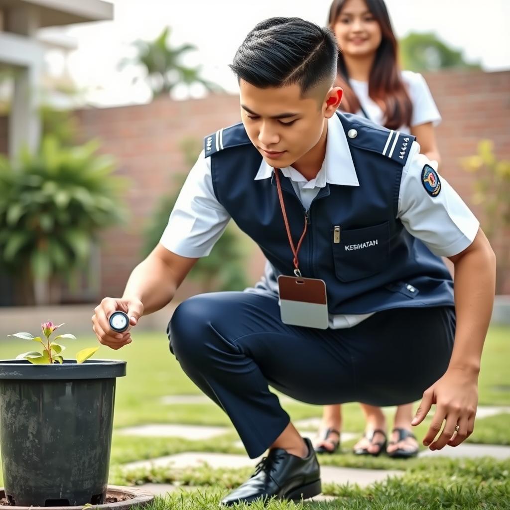 A handsome young Malaysian man with a low fade hairstyle is squatting on one leg in a yard, examining a flower pot with standing water using a flashlight