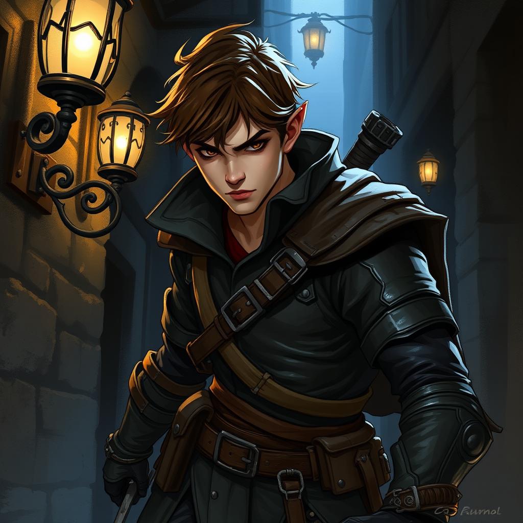 An illustration of a half-elf male rogue, depicted in a dynamic pose as he stealthily navigates through a shadowy alley