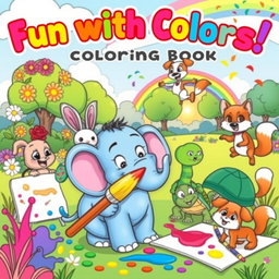 A playful cartoon coloring book cover featuring a vibrant, whimsical scene with cartoon animals