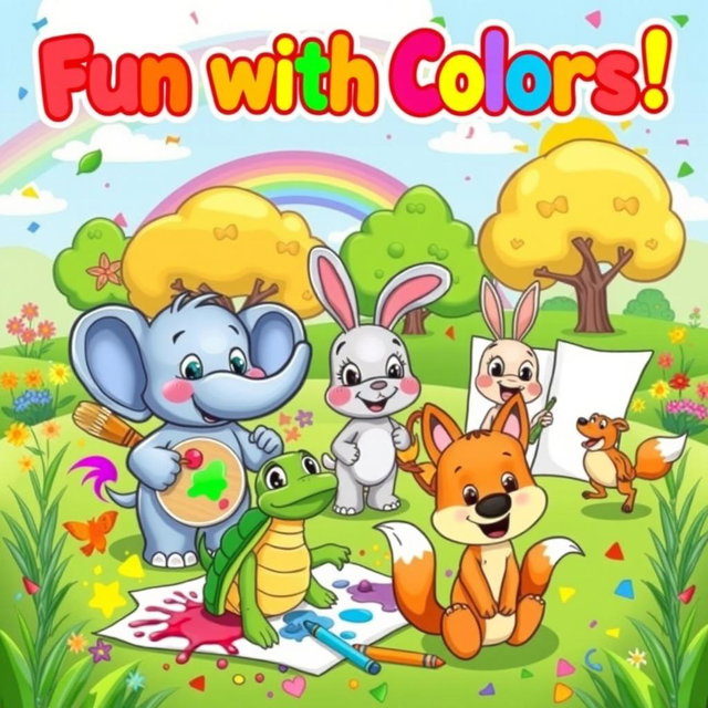 A playful cartoon coloring book cover featuring a vibrant, whimsical scene with cartoon animals