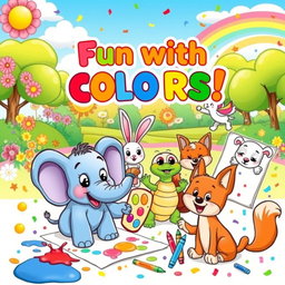 A playful cartoon coloring book cover featuring a vibrant, whimsical scene with cartoon animals