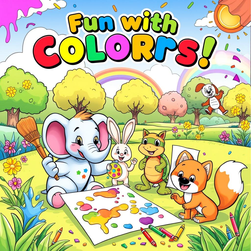 A playful cartoon coloring book cover featuring a vibrant, whimsical scene with cartoon animals