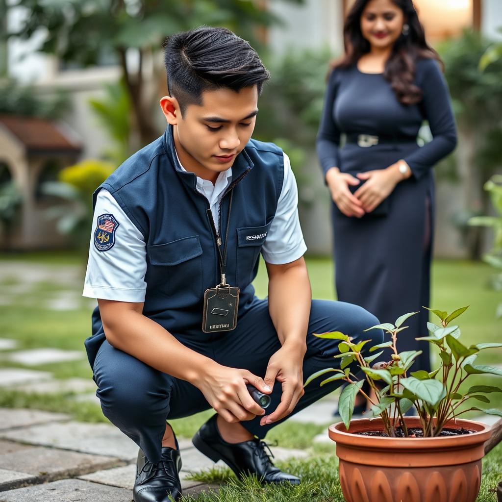 A handsome Malaysian young man with a low fade hairstyle, wearing a white short-sleeved uniform without a tie, and covered with a dark blue plain zipped collar vest featuring the Malaysia ministry's logo on the left pocket