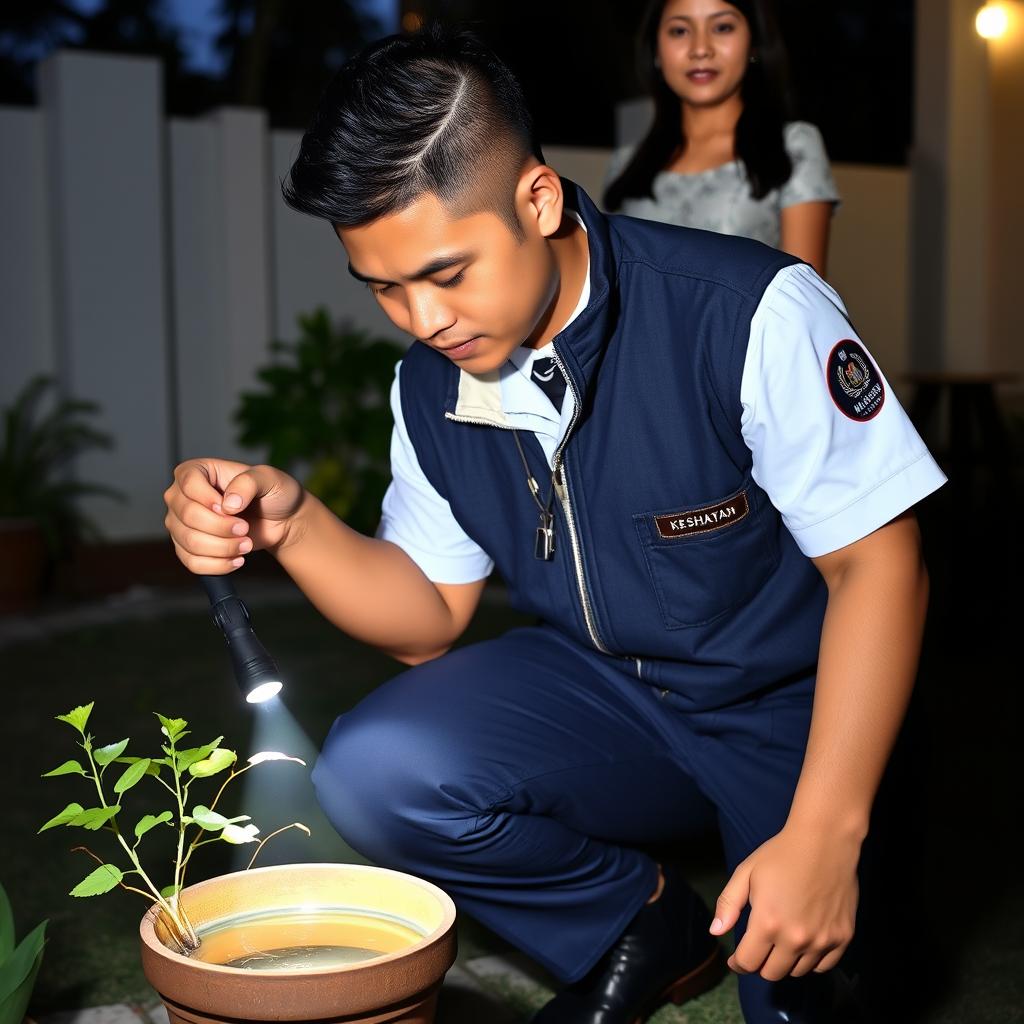 A handsome young Malaysian man with a low fade hairstyle, wearing a white short-sleeved uniform without a tie, covered by a dark blue zipped collar vest featuring the Malaysia ministry’s logo on the left pocket