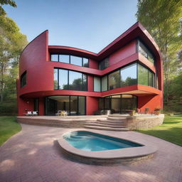 A large four-bedroom, three-bathroom modern home, designed in a curved shape with red interlocking bricks. It features an open floor plan with tall ceilings and an upscale loft area.