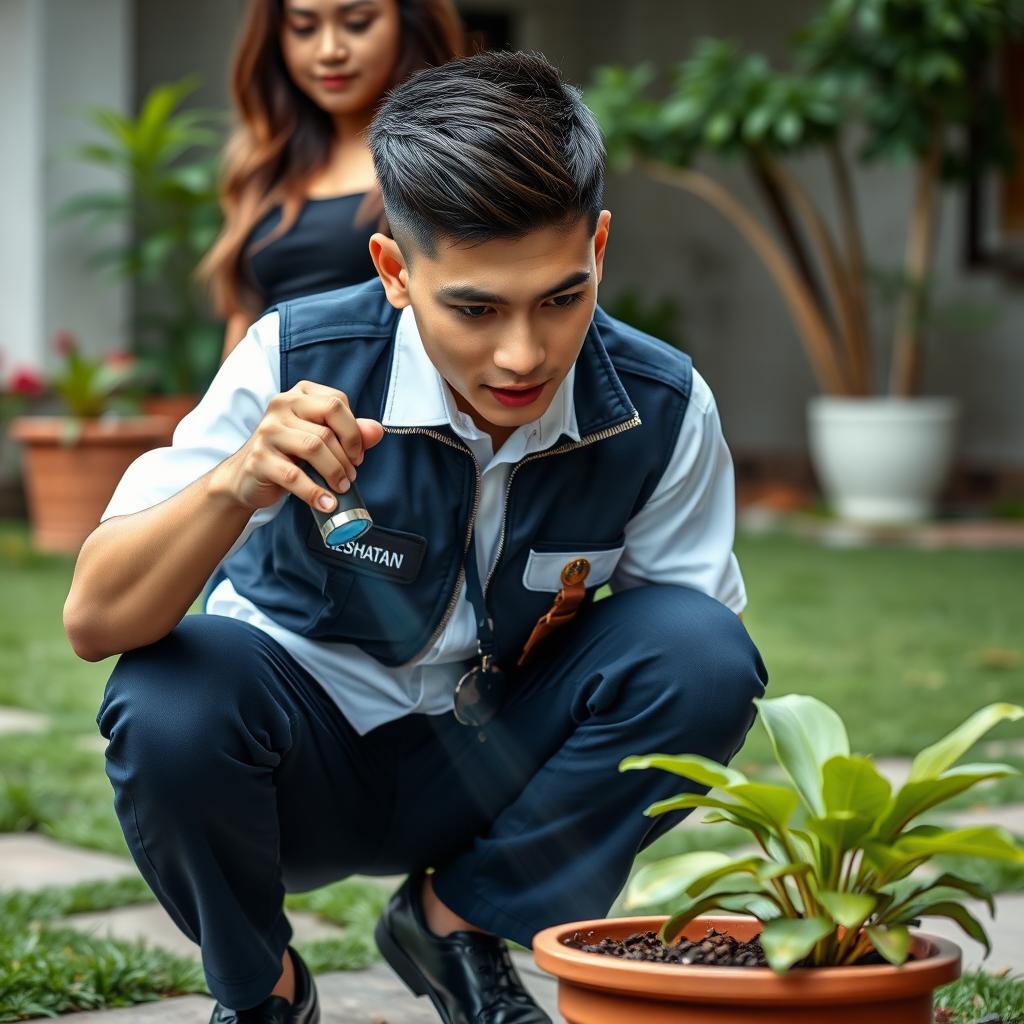 A handsome Malaysian young man with a burst fade hairstyle, wearing a white short-sleeved uniform without a tie, covered by a dark blue zipped collar vest featuring the Malaysia ministry’s logo on the left pocket