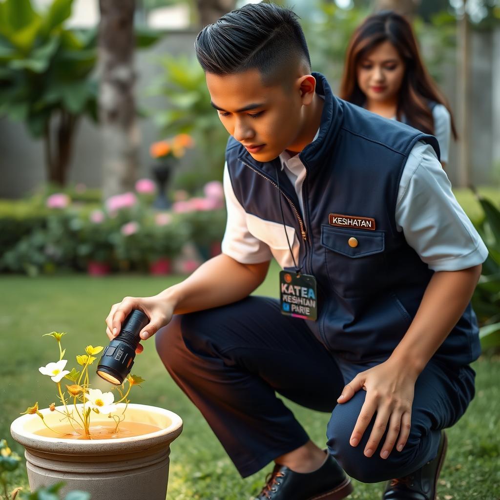 A handsome Malaysian young man with a burst fade hairstyle, wearing a white short-sleeved uniform without a tie, covered by a dark blue zipped collar vest featuring the Malaysia Ministry's logo on the left pocket