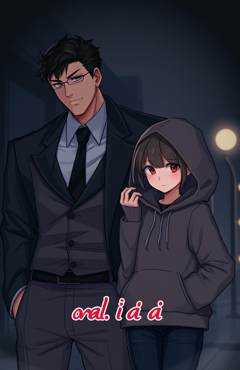 A romantic, mysterious scene featuring two characters: a large man in a well-tailored suit, exuding charm and confidence; and a girl wearing a stylish hoodie, embodying a cool yet approachable vibe