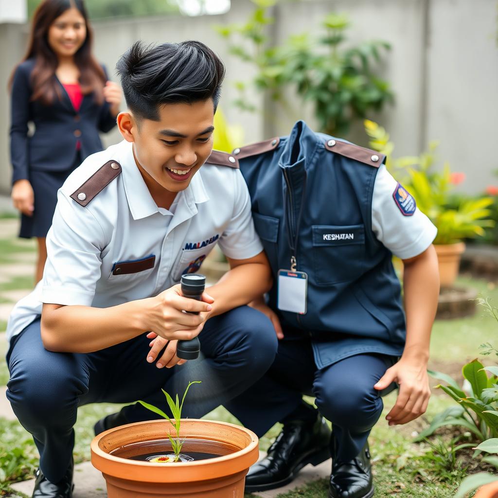 A handsome young Malaysian man with a burst fade hairstyle, wearing a white short-sleeved uniform without a tie, is covered with a dark blue zipped collar vest featuring the Malaysia ministry’s logo on the left pocket