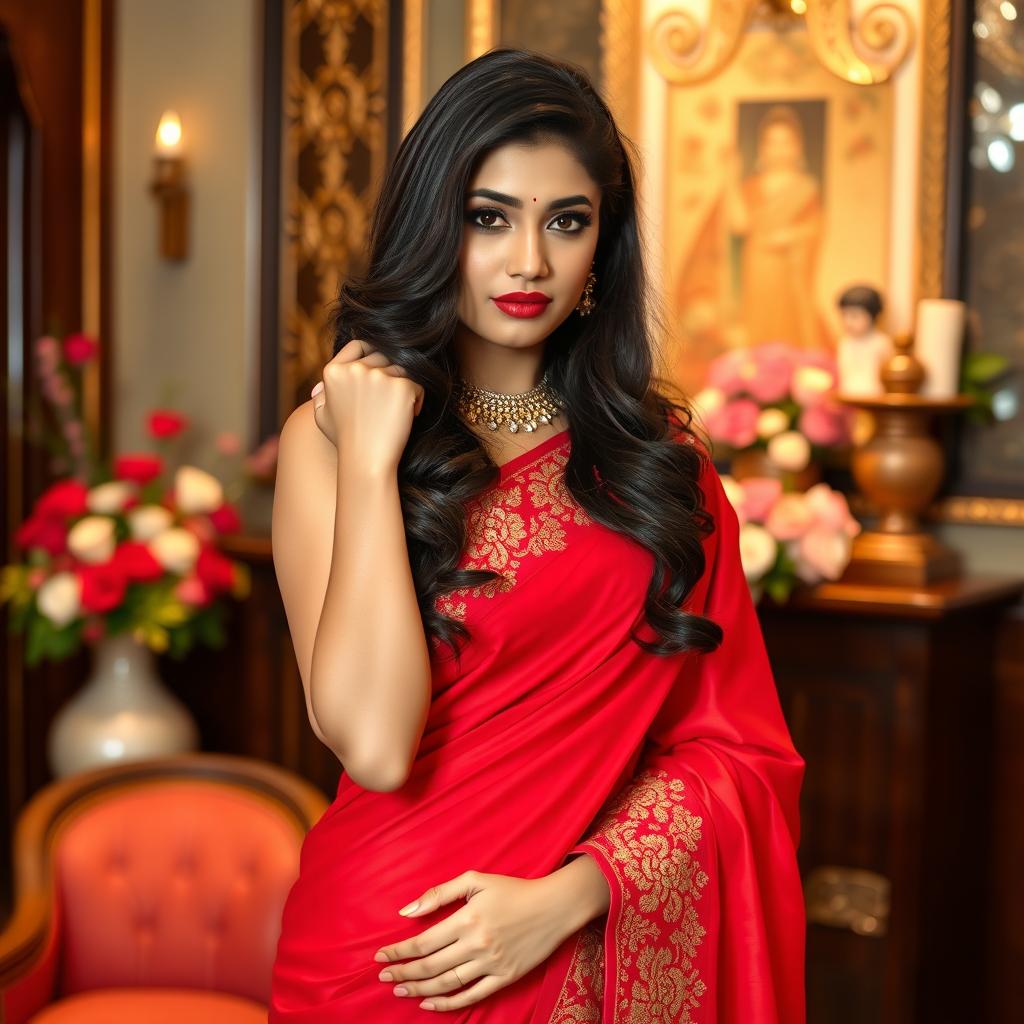 Stunning Indian actress in a glamorous pose, wearing a fashionable vibrant red saree with intricate golden embroidery, her long dark hair cascading in soft waves, striking a confident pose in an elegant traditional setting with ornate decorations
