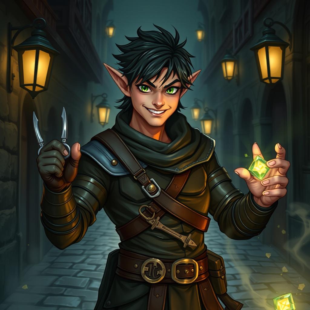A half-elf man with pointed ears and a mischievous grin, dressed in dark, form-fitting leather armor to enhance agility