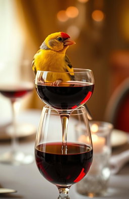 a vibrant canary perched gracefully on the edge of a fine crystal wine glass filled with deep red wine, the glass reflecting light beautifully, the background softly blurred to emphasize the canary and glass, warm golden light illuminating the scene, hint of elegant table setting behind