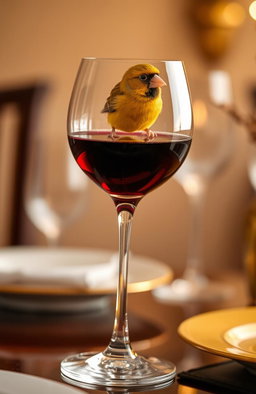 a vibrant canary perched gracefully on the edge of a fine crystal wine glass filled with deep red wine, the glass reflecting light beautifully, the background softly blurred to emphasize the canary and glass, warm golden light illuminating the scene, hint of elegant table setting behind