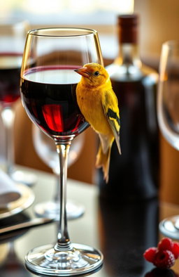 a vibrant canary perched gracefully on the edge of a fine crystal wine glass filled with deep red wine, the glass reflecting light beautifully, the background softly blurred to emphasize the canary and glass, warm golden light illuminating the scene, hint of elegant table setting behind