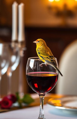 a vibrant canary perched gracefully on the edge of a fine crystal wine glass filled with deep red wine, the glass reflecting light beautifully, the background softly blurred to emphasize the canary and glass, warm golden light illuminating the scene, hint of elegant table setting behind